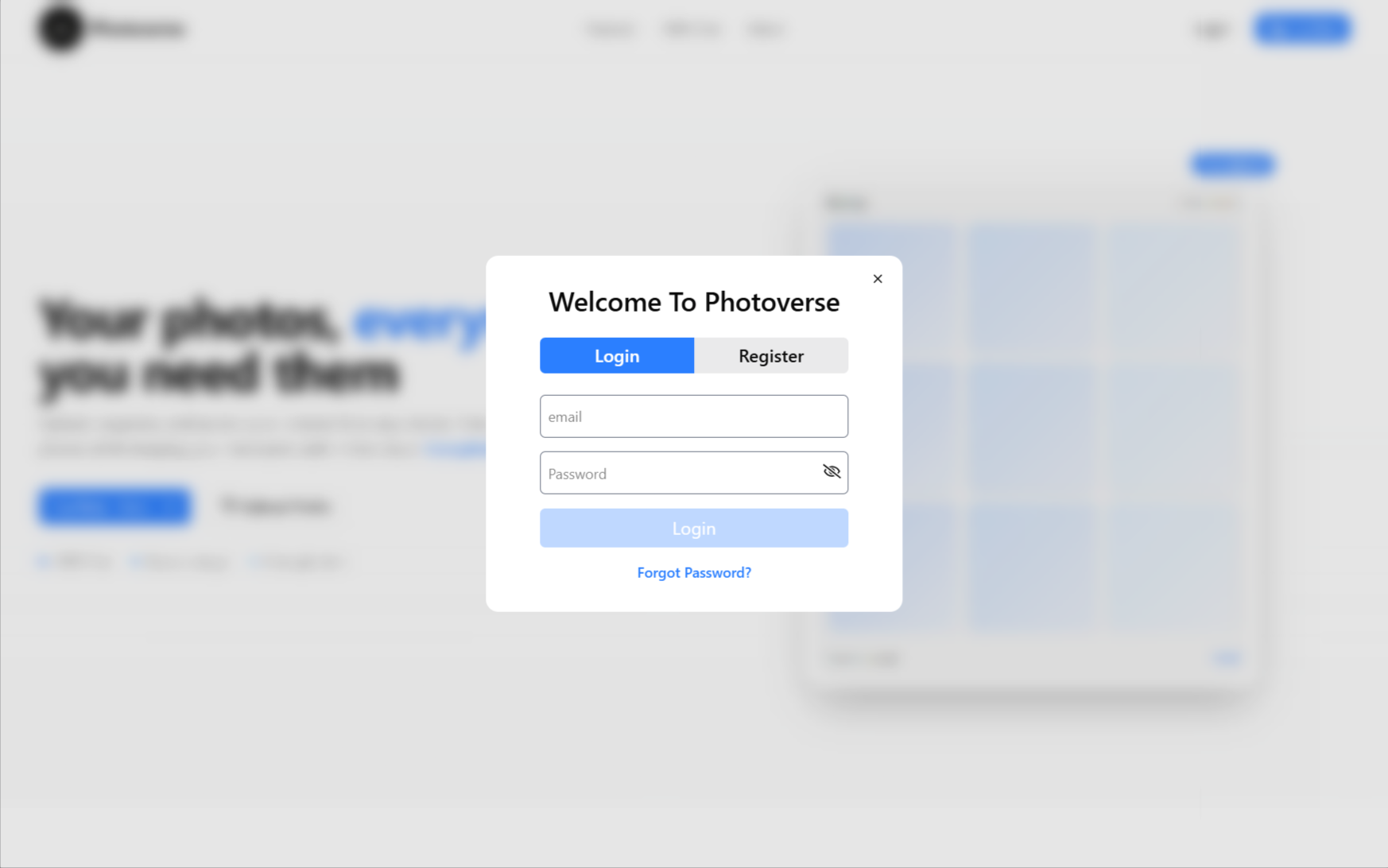 Photoverse V1 login modal