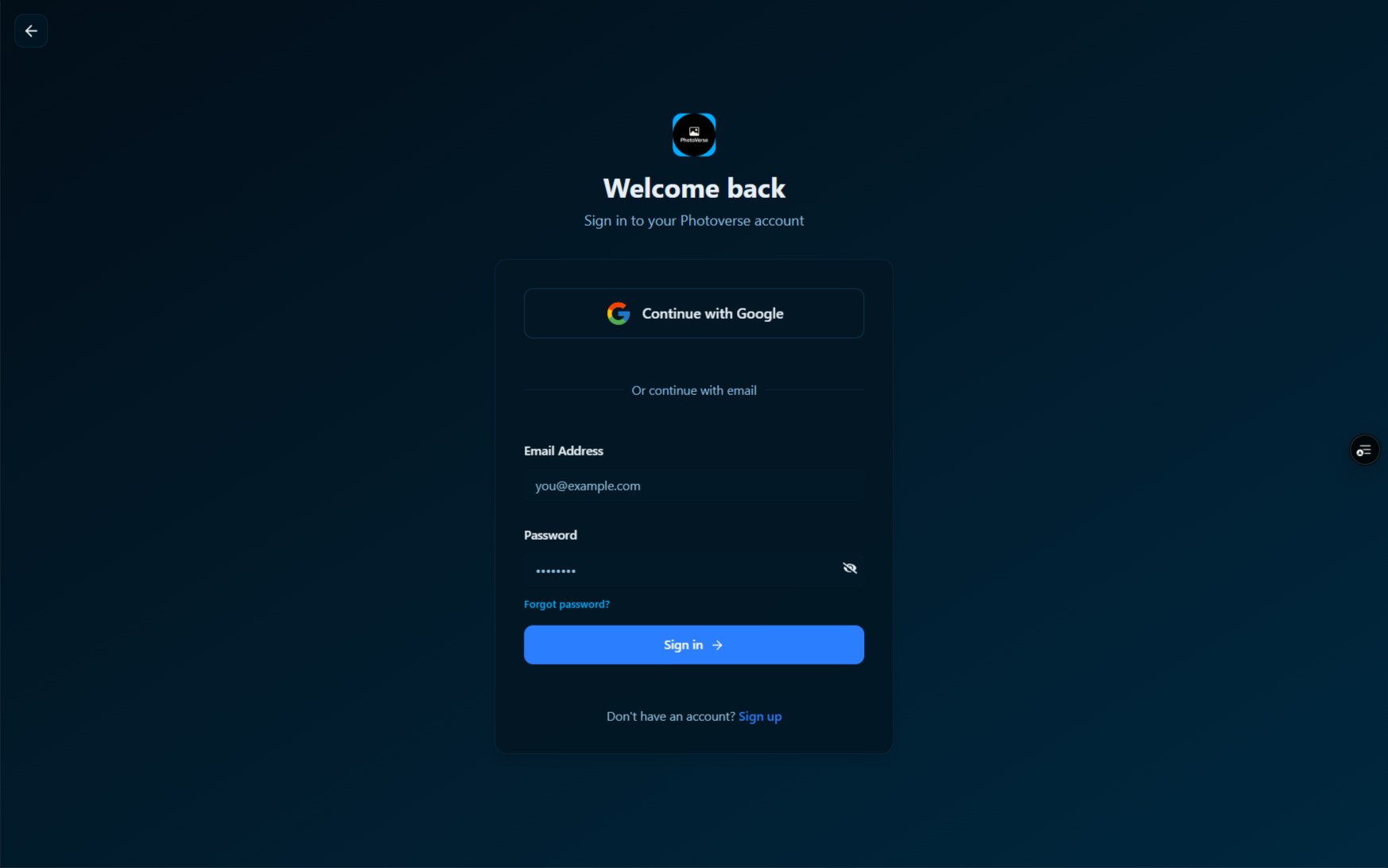 Photoverse V2 Login page