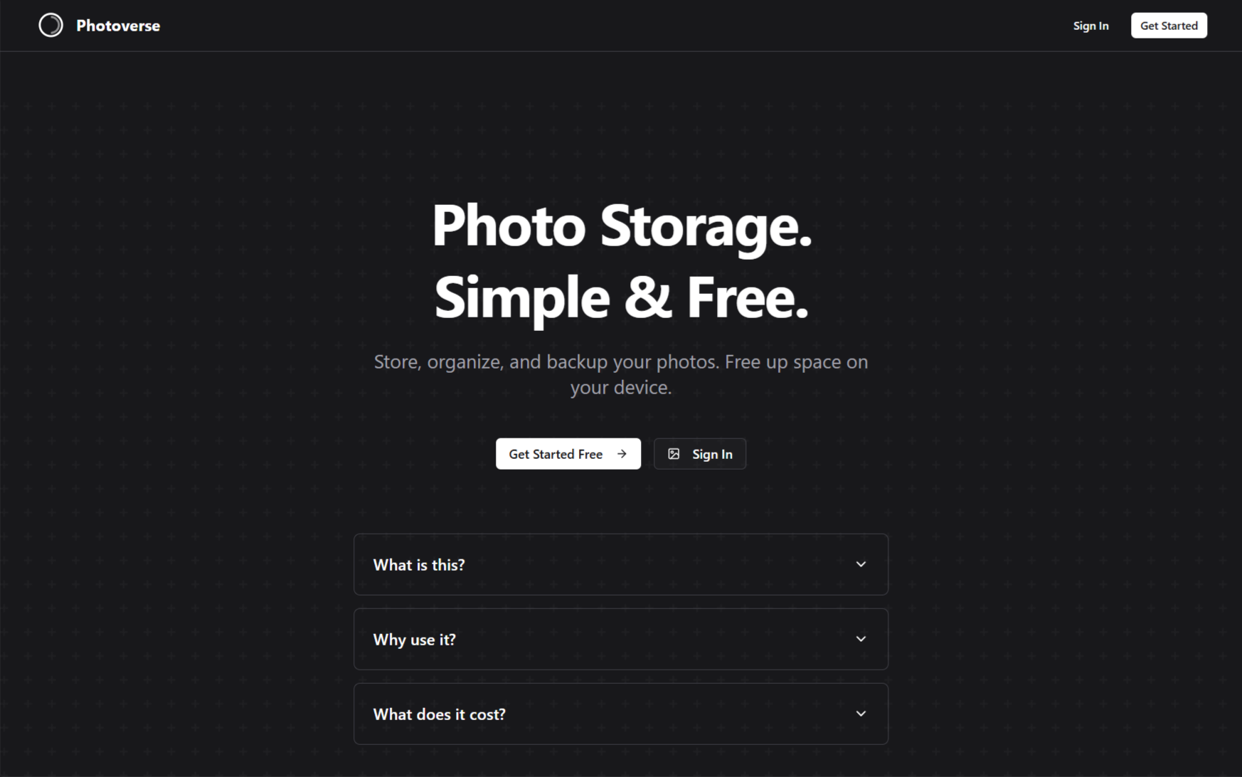 Desktop screenshot of Photoverse landing page