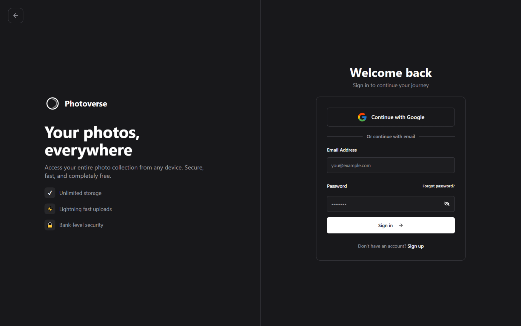 photoVerse V3 Login page