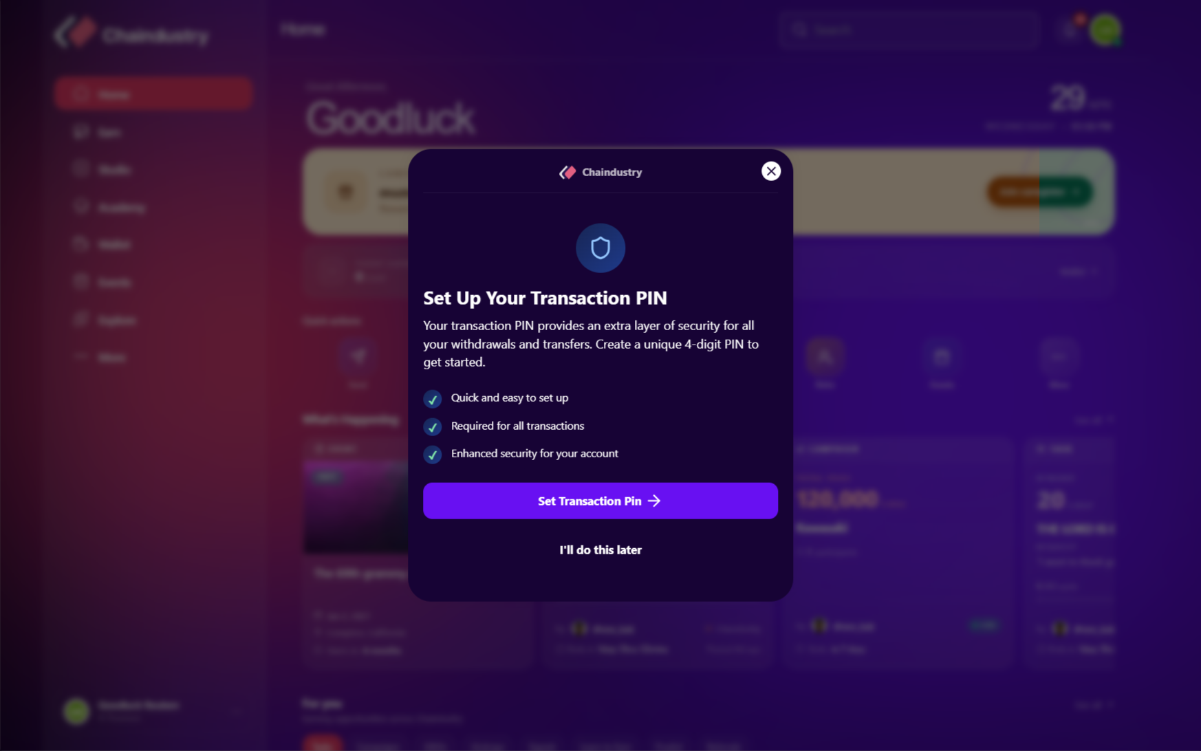 A desktop screenshot of a transaction pin setup overlay on the chaindustry app